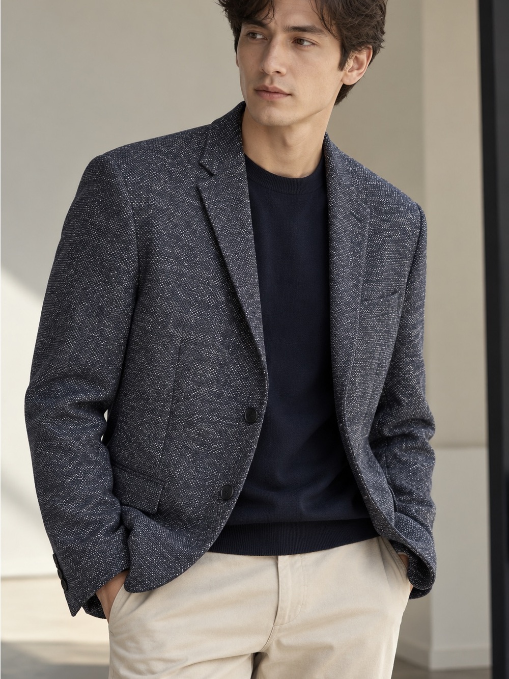 Zara Men's Navy Textured Blazer - Classic Tailored Style